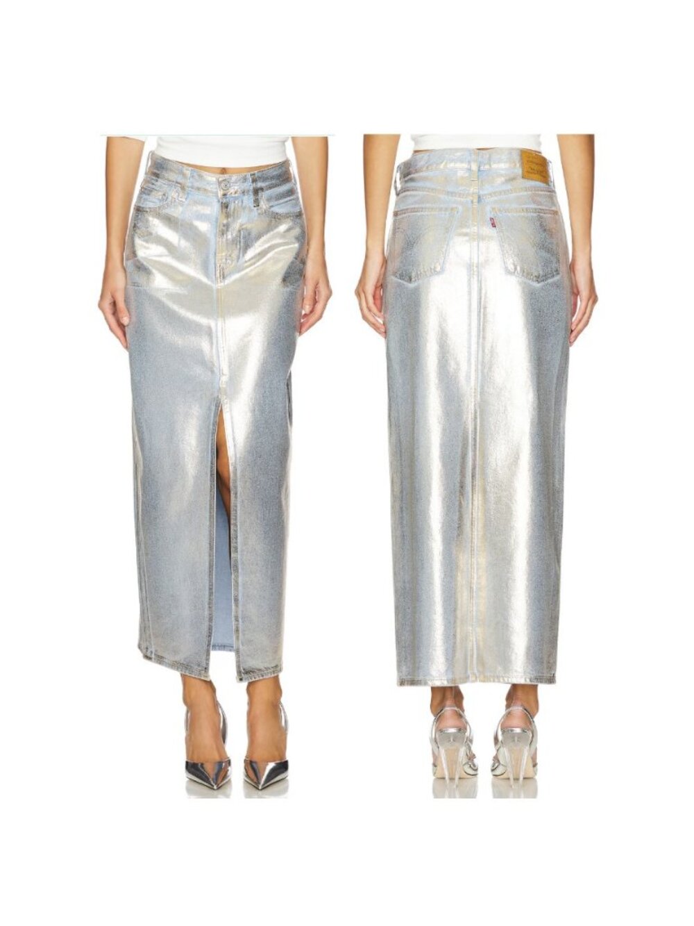 ⭐LEVI'S Revolve Women's Ankle Column Denim Maxi Skirt Sz 26 Shiny Metallic Gold⭐